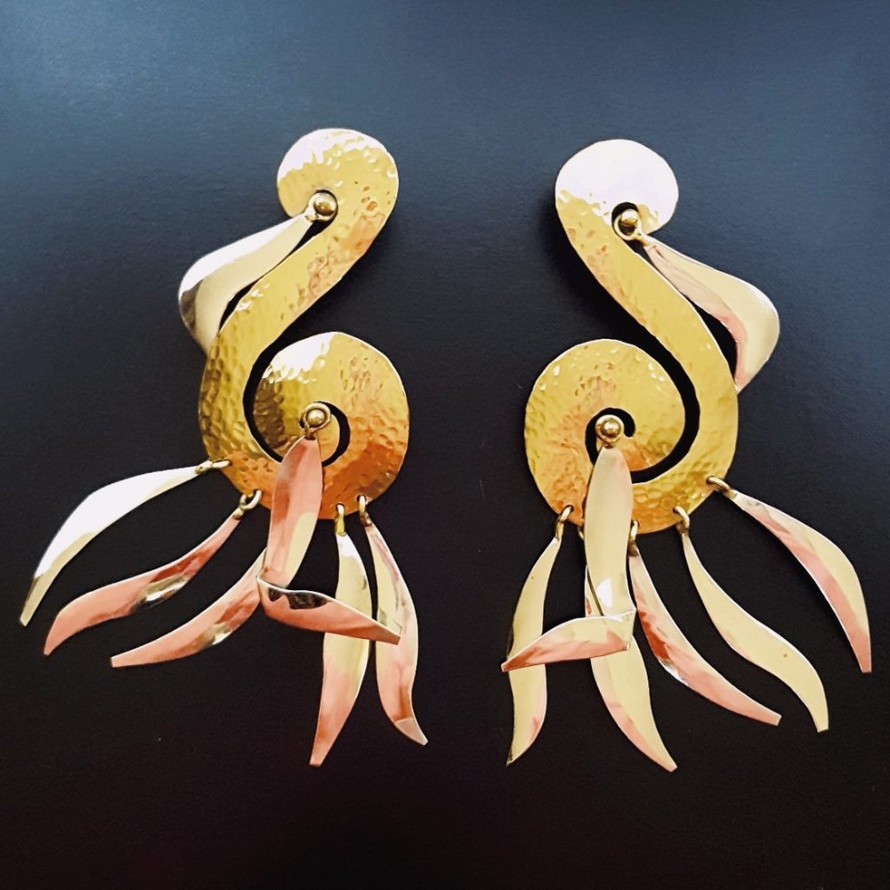 70s-80s Abstract Bird Earrings Handmade of Brass & Nickel Silver - Pierced 4.5"L